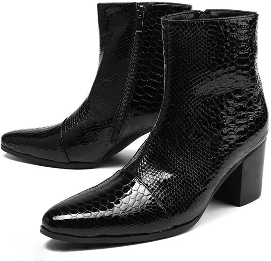 Santimon Mens Boots Casual Patent Leather Chelsea Dress Boots Zipper on Side Mid Calf Boots for Men