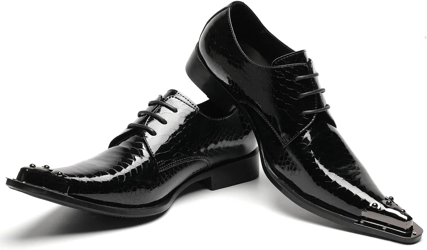 Santimon Mens Western Pointed Toe Leather Lace Up Dress Shoes Fashion Metal Tip Oxford