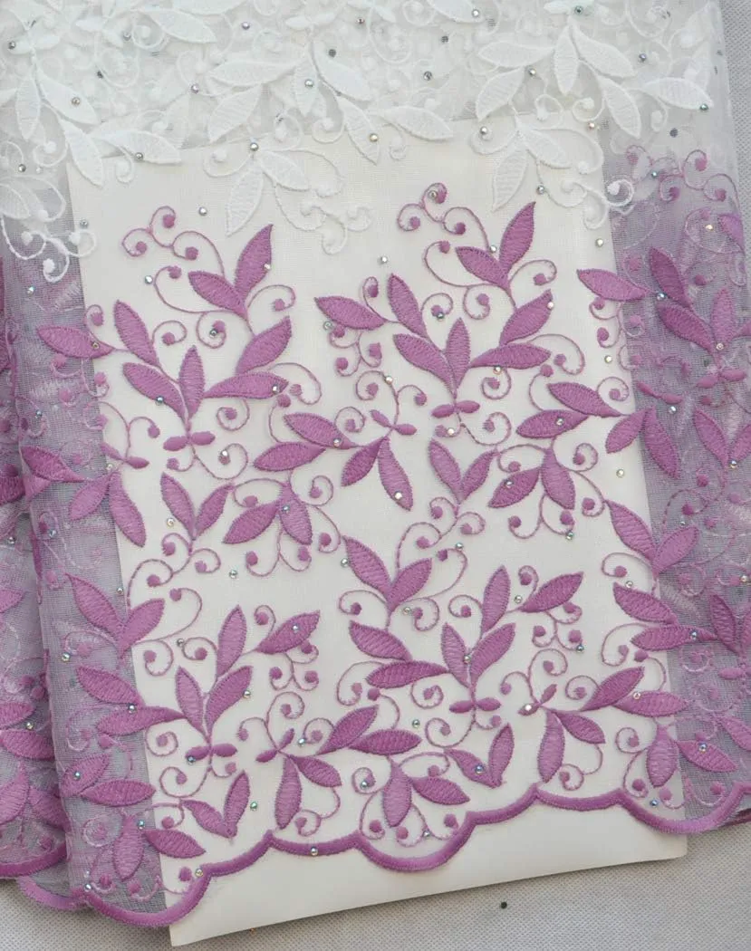 SanVera17 Glitter Stone African Lace Net Milk Silk Fabrics Nigerian Fabric Embroidered and Guipure Cord Lace for Party Wedding (Light Purple) 5 Yards