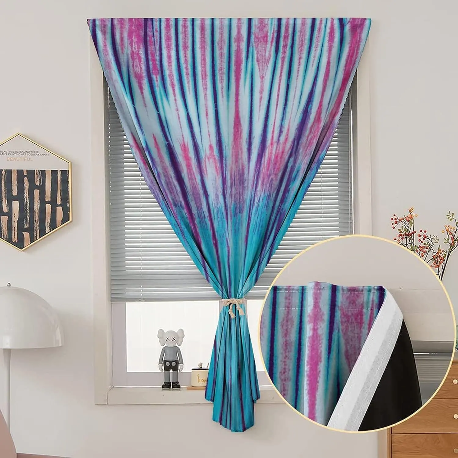 Self Adhesive Portable Blackout Curtains, Tie Dye Room Darkening Curtains, Retro 60s Style Hippie Retro Artwork Print Temporary Blackout Blinds,24W x40L Inches, for Bathroom Living Room Bedroom