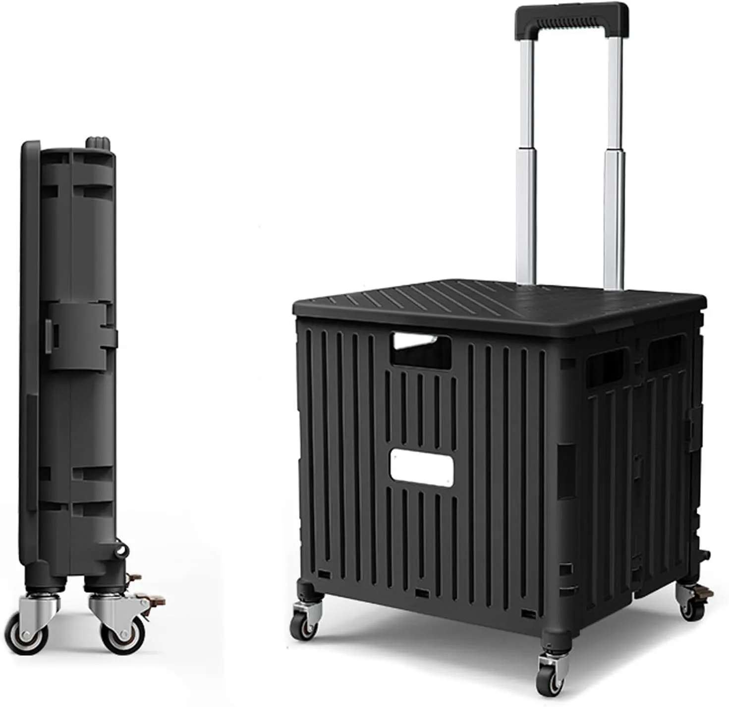 Shopping Trolley Box on Wheels, Plastic Book Trolley Secure Lid 50kg Loading 65L Capacity Collapsible climbing stairs Grocery Bags for Shopping, Moving, Storage, Office T (Black 45L)
