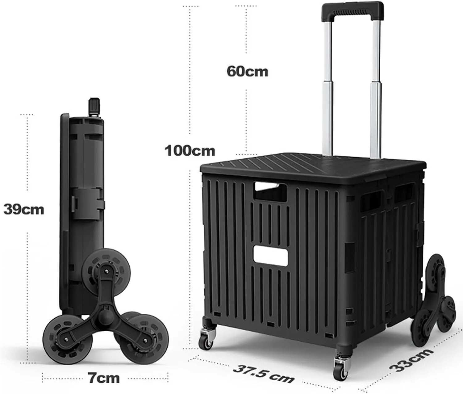 Shopping Trolley Box on Wheels, Plastic Book Trolley Secure Lid 50kg Loading 65L Capacity Collapsible climbing stairs Grocery Bags for Shopping, Moving, Storage, Office T (Black 45L)
