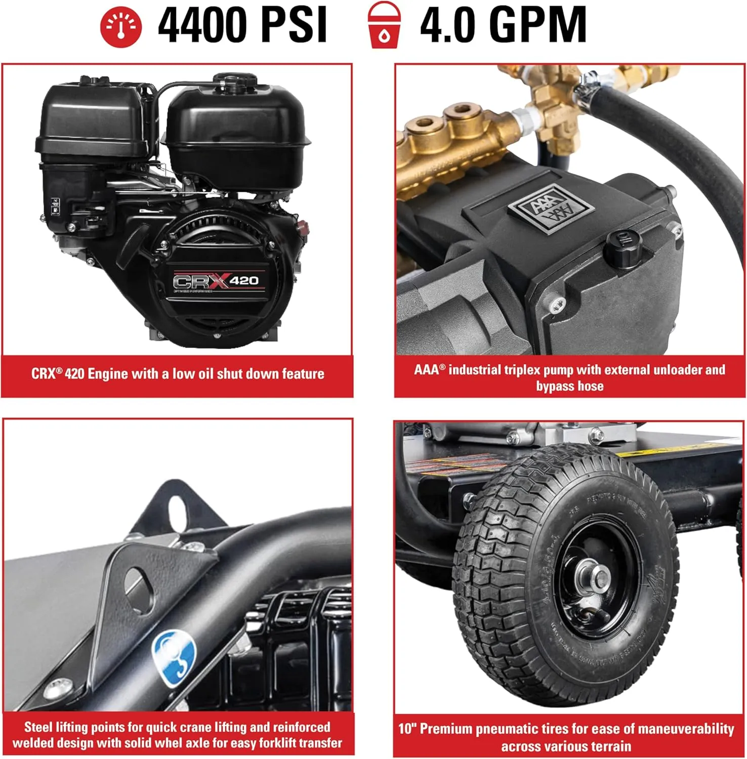 Simpson Cleaning 4400 PSI Gas Pressure Washer, 4.0 GPM Power Washer for Industrial Use, CRX 420 Engine, 50-Foot Steel-Braided Hose, SuperPro Roll-Cage, 49-State (SW4440SCBM)
