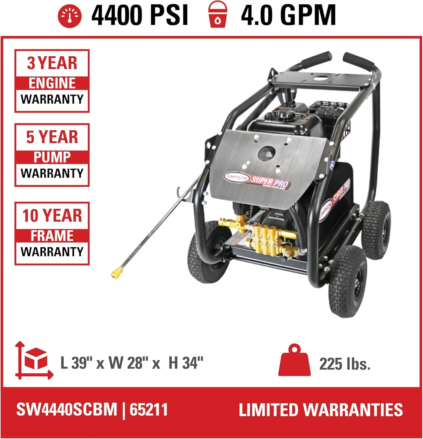 Simpson Cleaning 4400 PSI Gas Pressure Washer, 4.0 GPM Power Washer for Industrial Use, CRX 420 Engine, 50-Foot Steel-Braided Hose, SuperPro Roll-Cage, 49-State (SW4440SCBM)