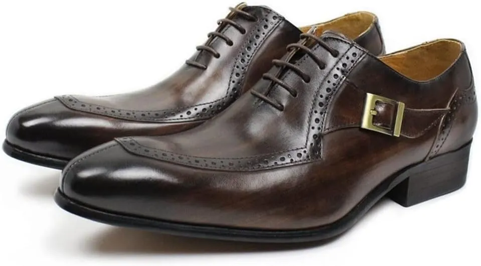 Single Season Oxford Shoes for Men Lace Up Split Toe Monk Strap Pointed Toe Cowhide Block Heel Resistant Non Slip Low Top Classic Very Popular Among Young People
