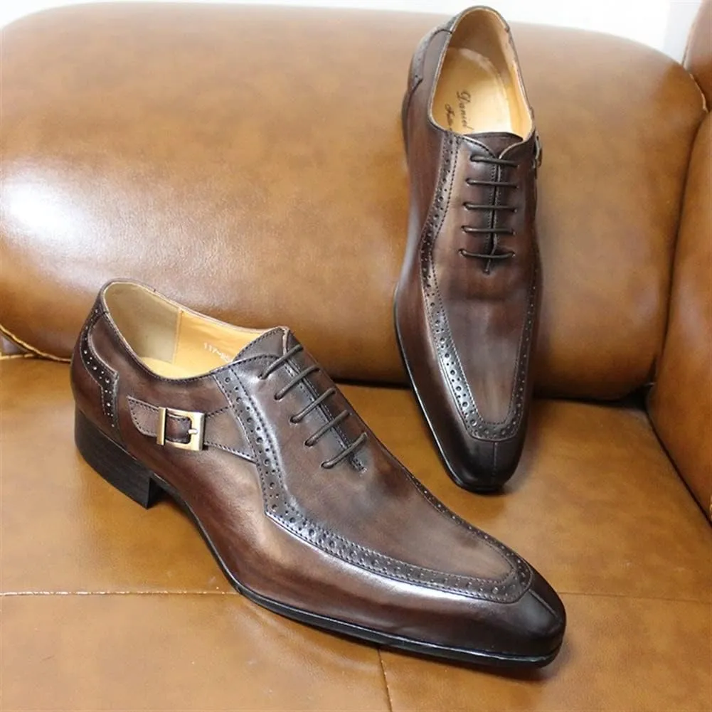 Single Season Oxford Shoes for Men Lace Up Split Toe Monk Strap Pointed Toe Cowhide Block Heel Resistant Non Slip Low Top Classic Very Popular Among Young People