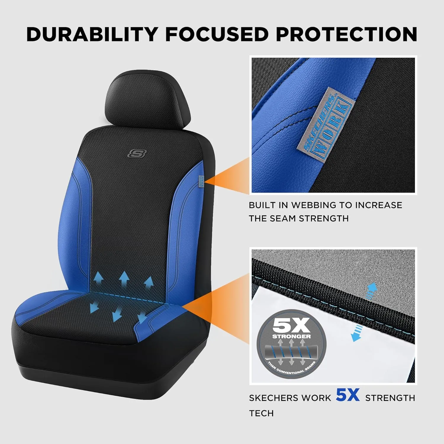 Skechers Work Car Seat Covers, Leather Seat Covers 5-Times Stronger Built-in Webbing, Oxford Fabric Seat Cover for Cars, Airbag Compatible, Automotive Comfort for Cars, Trucks, SUVs (Bule, Two Front)