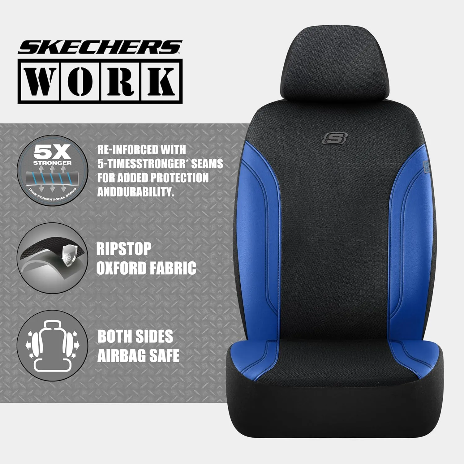Skechers Work Car Seat Covers, Leather Seat Covers 5-Times Stronger Built-in Webbing, Oxford Fabric Seat Cover for Cars, Airbag Compatible, Automotive Comfort for Cars, Trucks, SUVs (Bule, Two Front)