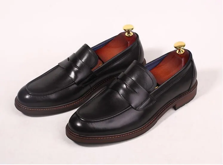 Slip-On Men's Shoes Pointed Toes  Dress Genuine Leather Vintage Male Oxford Shoes