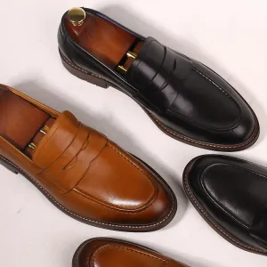 Slip-On Men's Shoes Pointed Toes  Dress Genuine Leather Vintage Male Oxford Shoes
