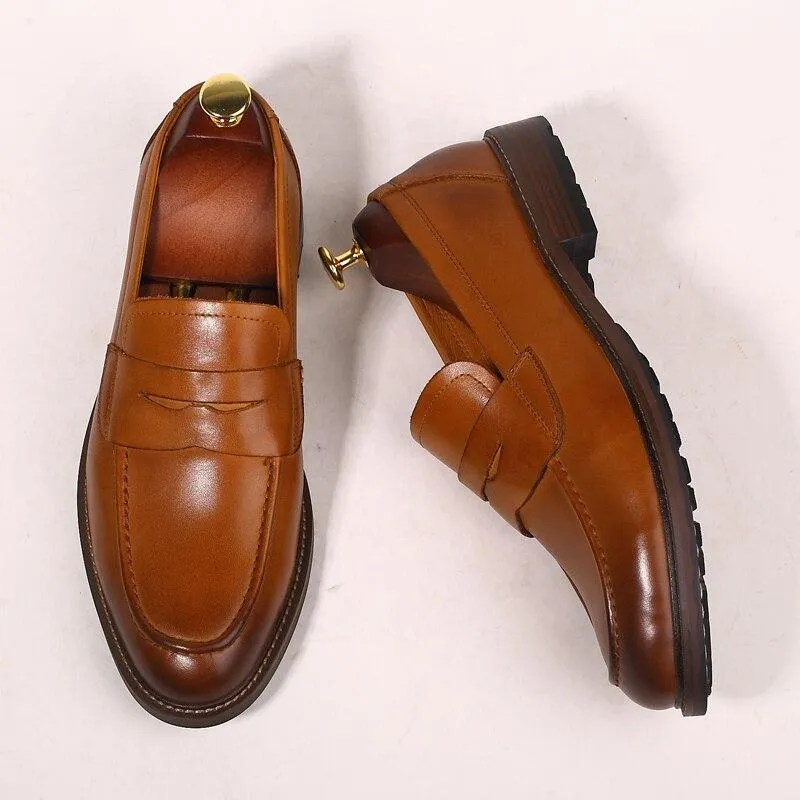 Slip-On Men's Shoes Pointed Toes  Dress Genuine Leather Vintage Male Oxford Shoes