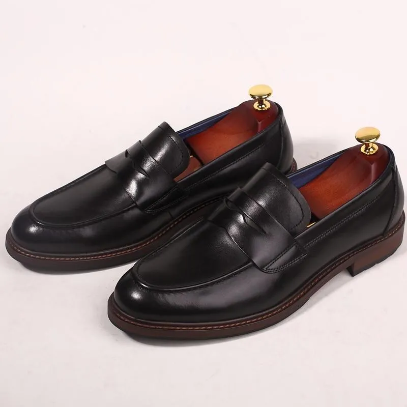 Slip-On Men's Shoes Pointed Toes  Dress Genuine Leather Vintage Male Oxford Shoes