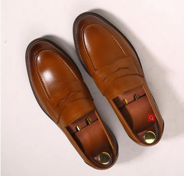 Slip-On Men's Shoes Pointed Toes  Dress Genuine Leather Vintage Male Oxford Shoes