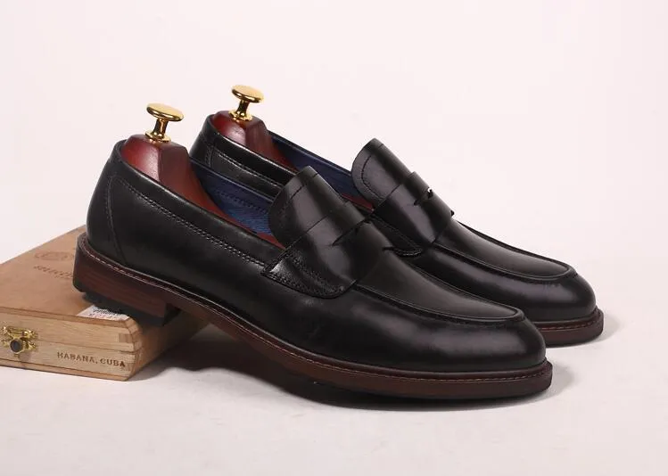 Slip-On Men's Shoes Pointed Toes  Dress Genuine Leather Vintage Male Oxford Shoes
