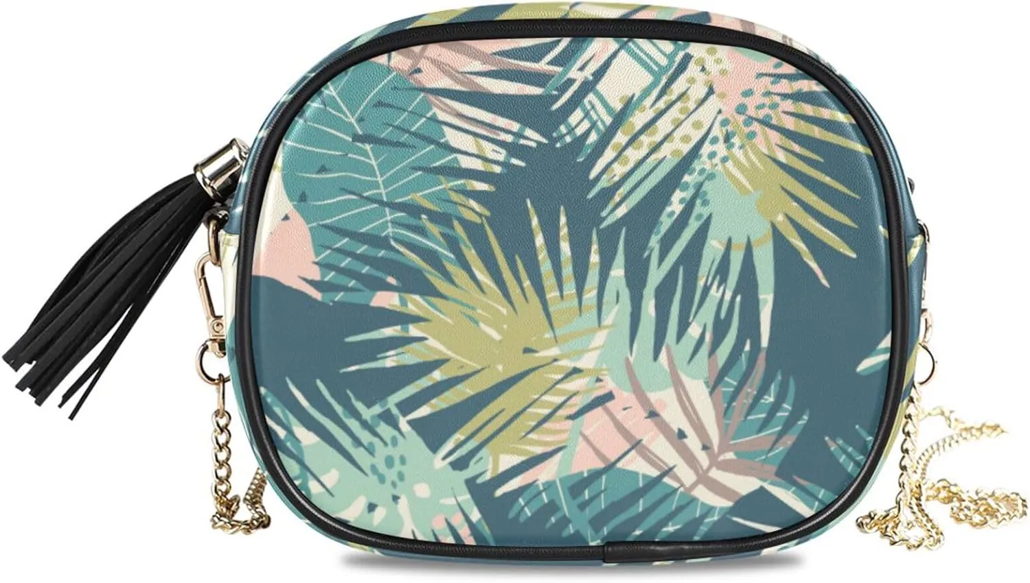 Small Crossbody Bag Exotic Leaves Tropical Plants Womens Shoulder Chain Bag PU Leather Small Purse With Tassel