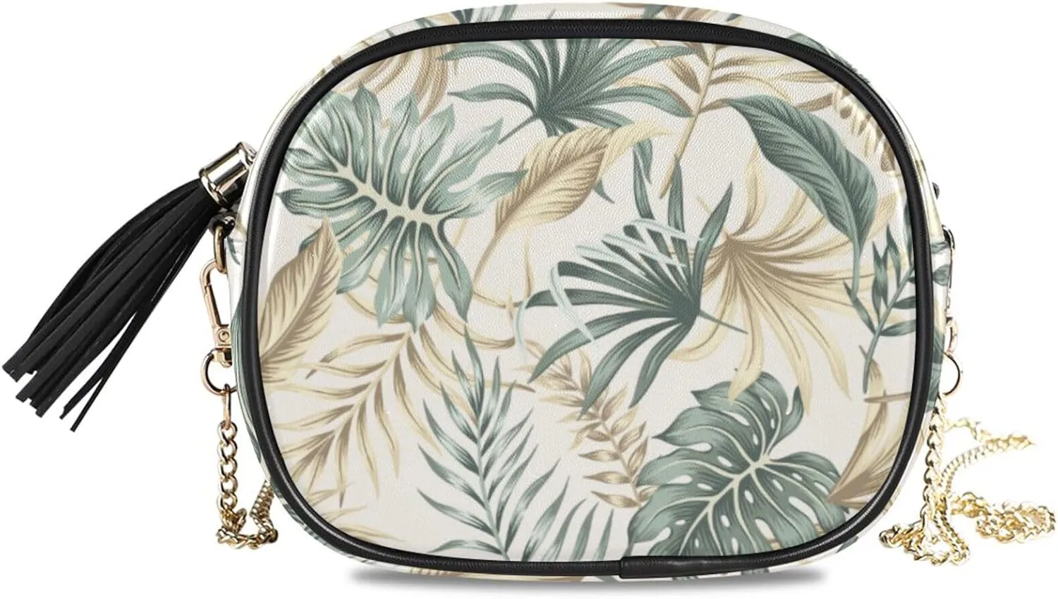 Small Crossbody Bag Vintage Exotic Jungle Leaves Womens Shoulder Chain Bag PU Leather Small Purse With Tassel