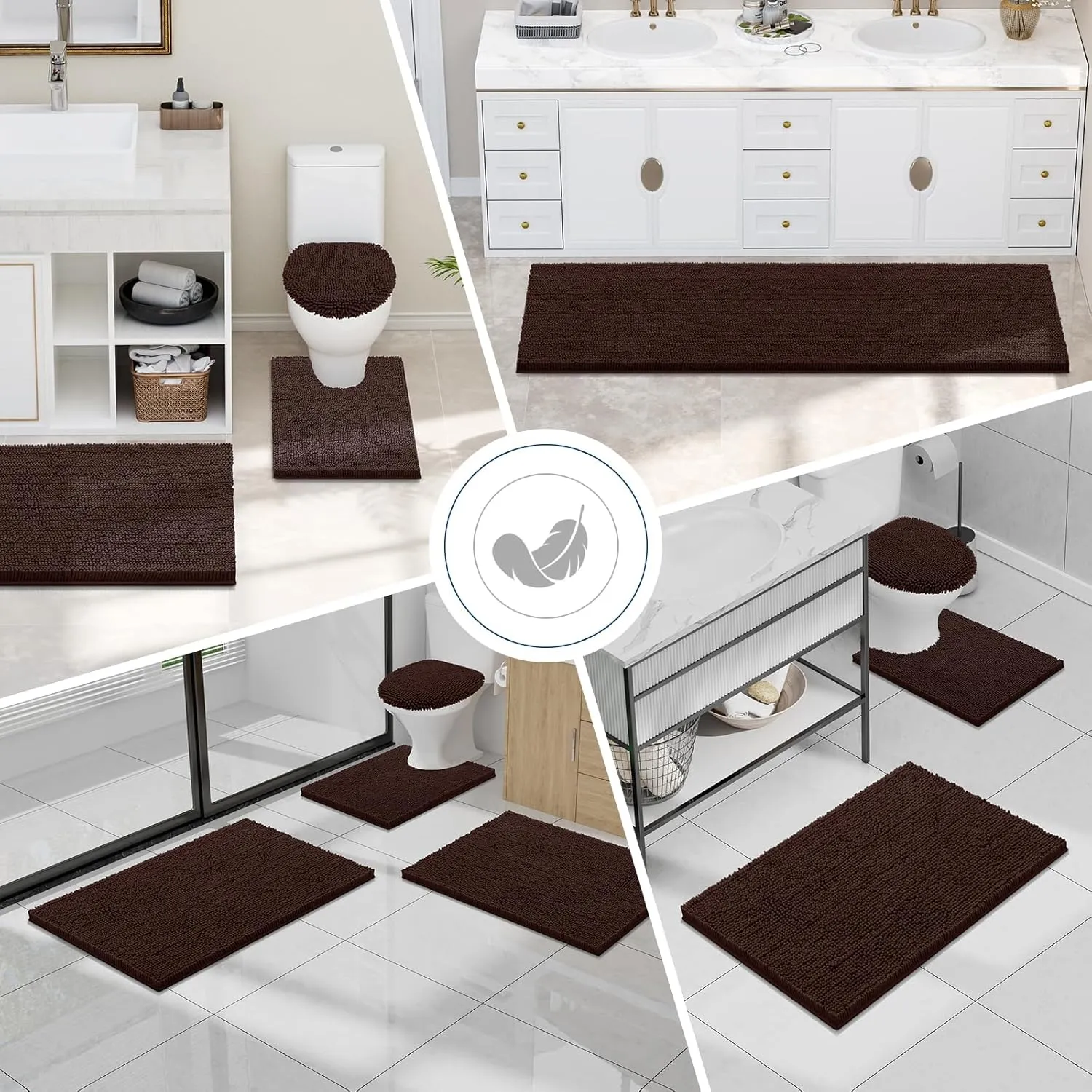 Smiry Bathroom Rugs Sets 2 Piece, Soft Absorbent Chenille Machine Washable Non Slip Shaggy Bath Rug Set for Tub, Shower, and Floor (30x20 24x16, Brown)