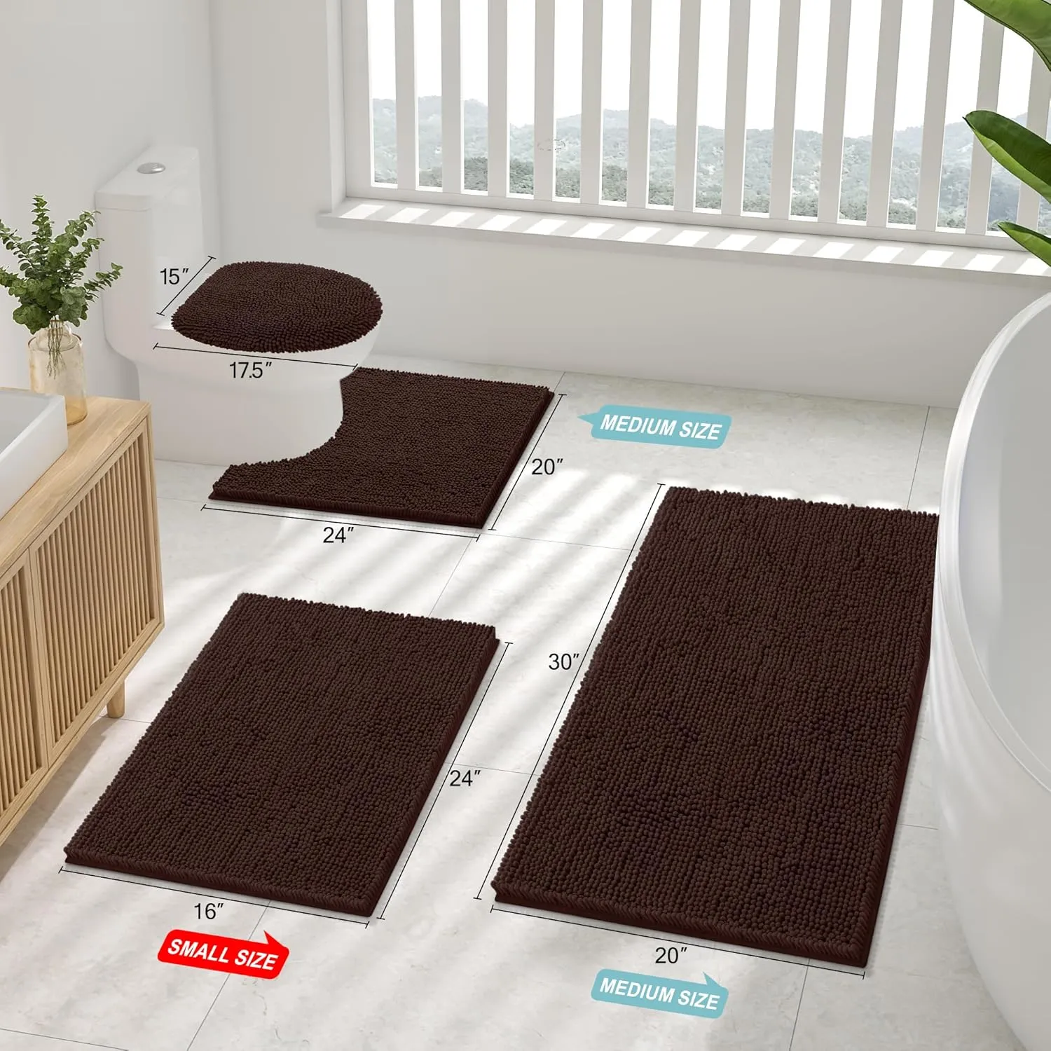 Smiry Bathroom Rugs Sets 2 Piece, Soft Absorbent Chenille Machine Washable Non Slip Shaggy Bath Rug Set for Tub, Shower, and Floor (30x20 24x16, Brown)