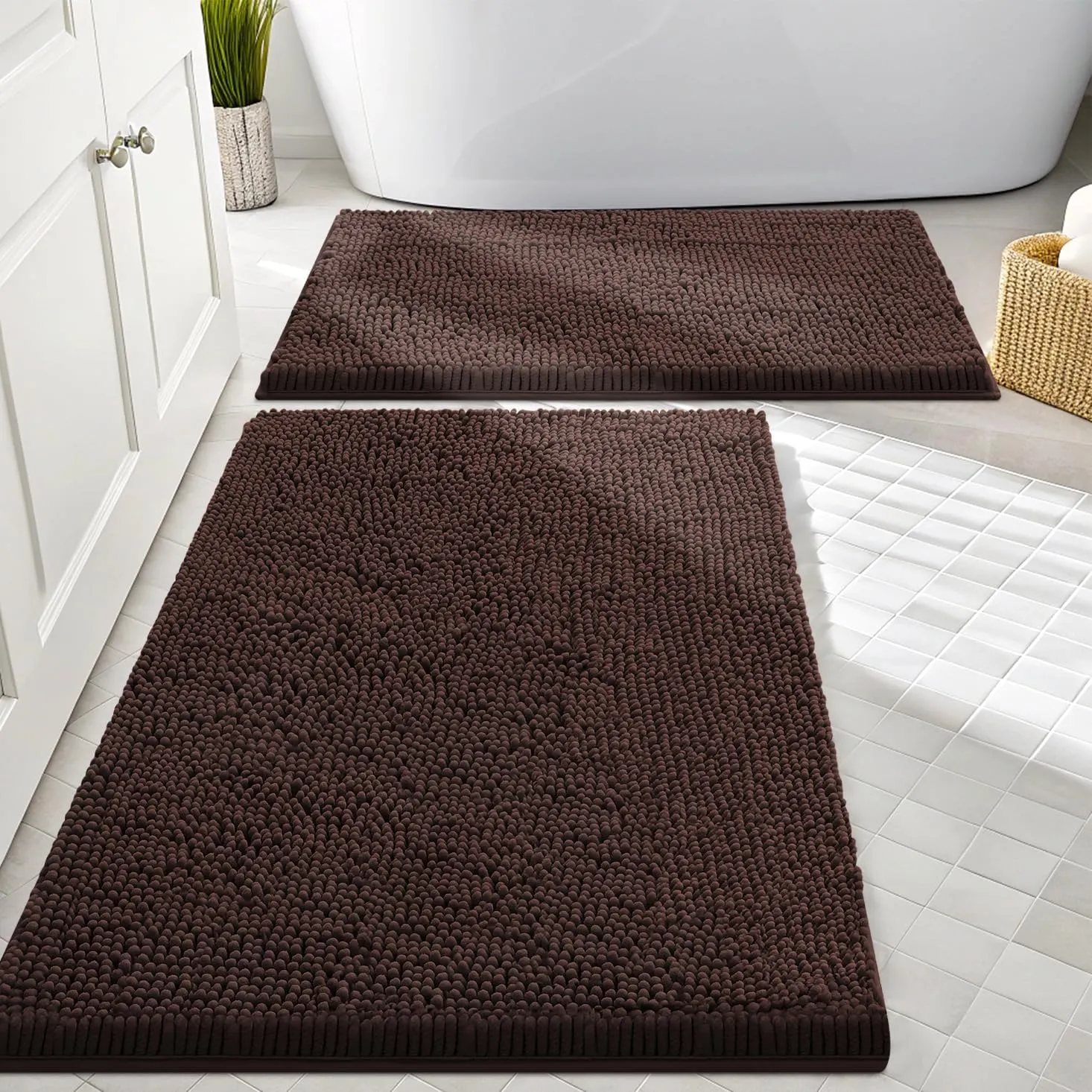 Smiry Bathroom Rugs Sets 2 Piece, Soft Absorbent Chenille Machine Washable Non Slip Shaggy Bath Rug Set for Tub, Shower, and Floor (30x20 24x16, Brown)