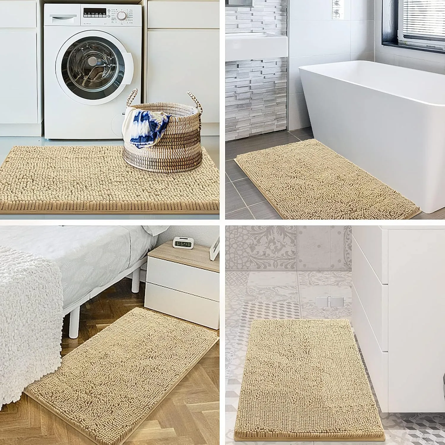 Smiry Luxury Chenille Bathroom Rugs 30x20, Extra Soft and Absorbent Shaggy Bath Mat, Machine Washable, Non-Slip Plush Carpet Runner for Tub, Shower, and Floor, Home Decor Accessories, Beige