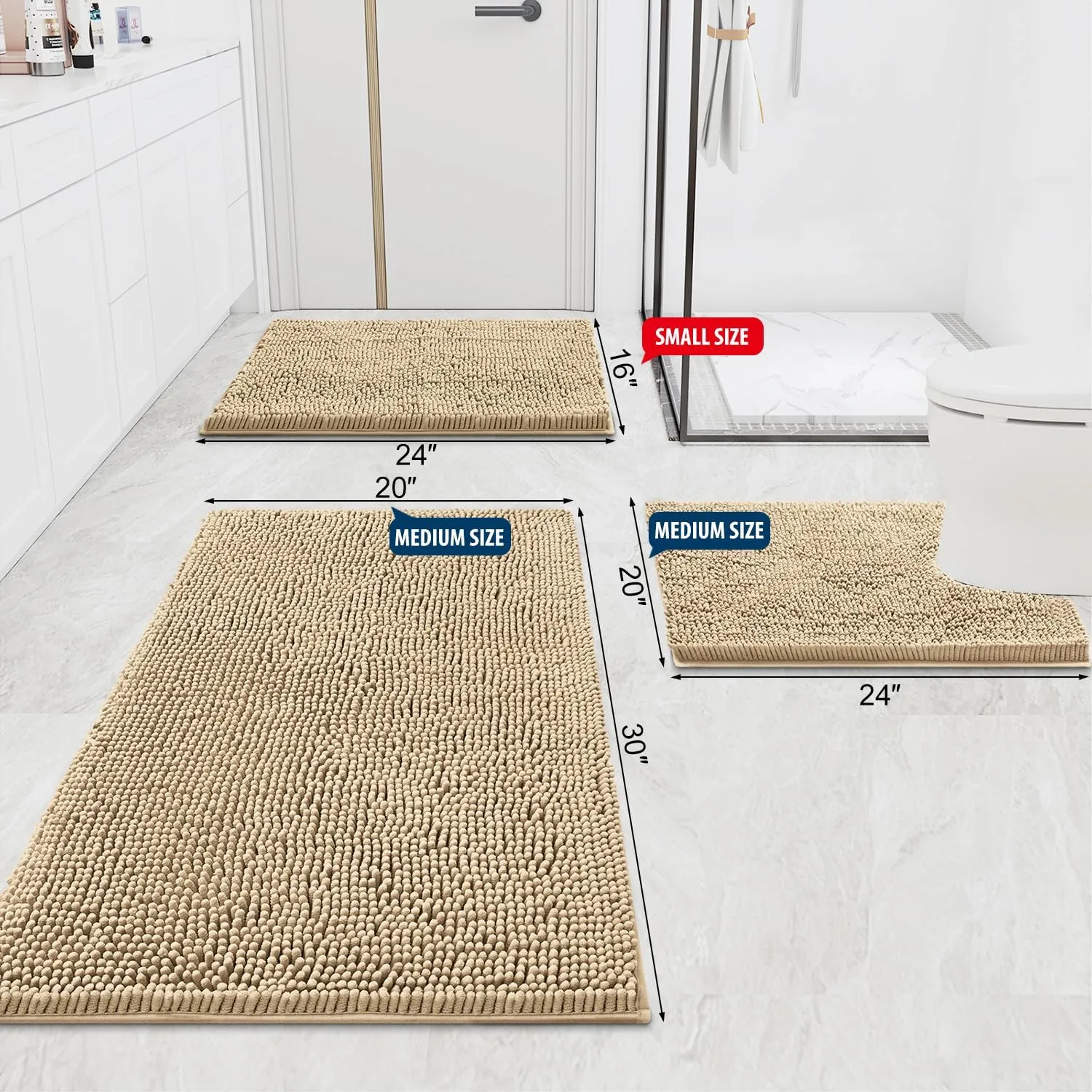 Smiry Luxury Chenille Bathroom Rugs 30x20, Extra Soft and Absorbent Shaggy Bath Mat, Machine Washable, Non-Slip Plush Carpet Runner for Tub, Shower, and Floor, Home Decor Accessories, Beige