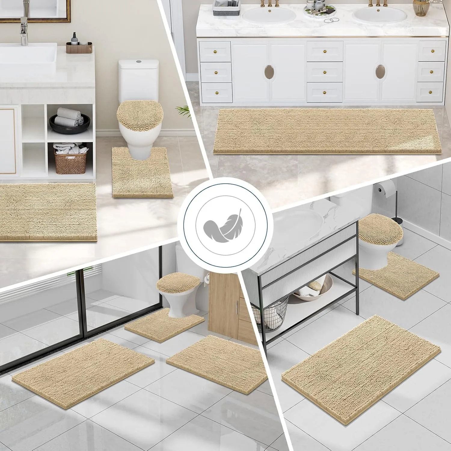 Smiry Luxury Chenille Bathroom Rugs 30x20, Extra Soft and Absorbent Shaggy Bath Mat, Machine Washable, Non-Slip Plush Carpet Runner for Tub, Shower, and Floor, Home Decor Accessories, Beige