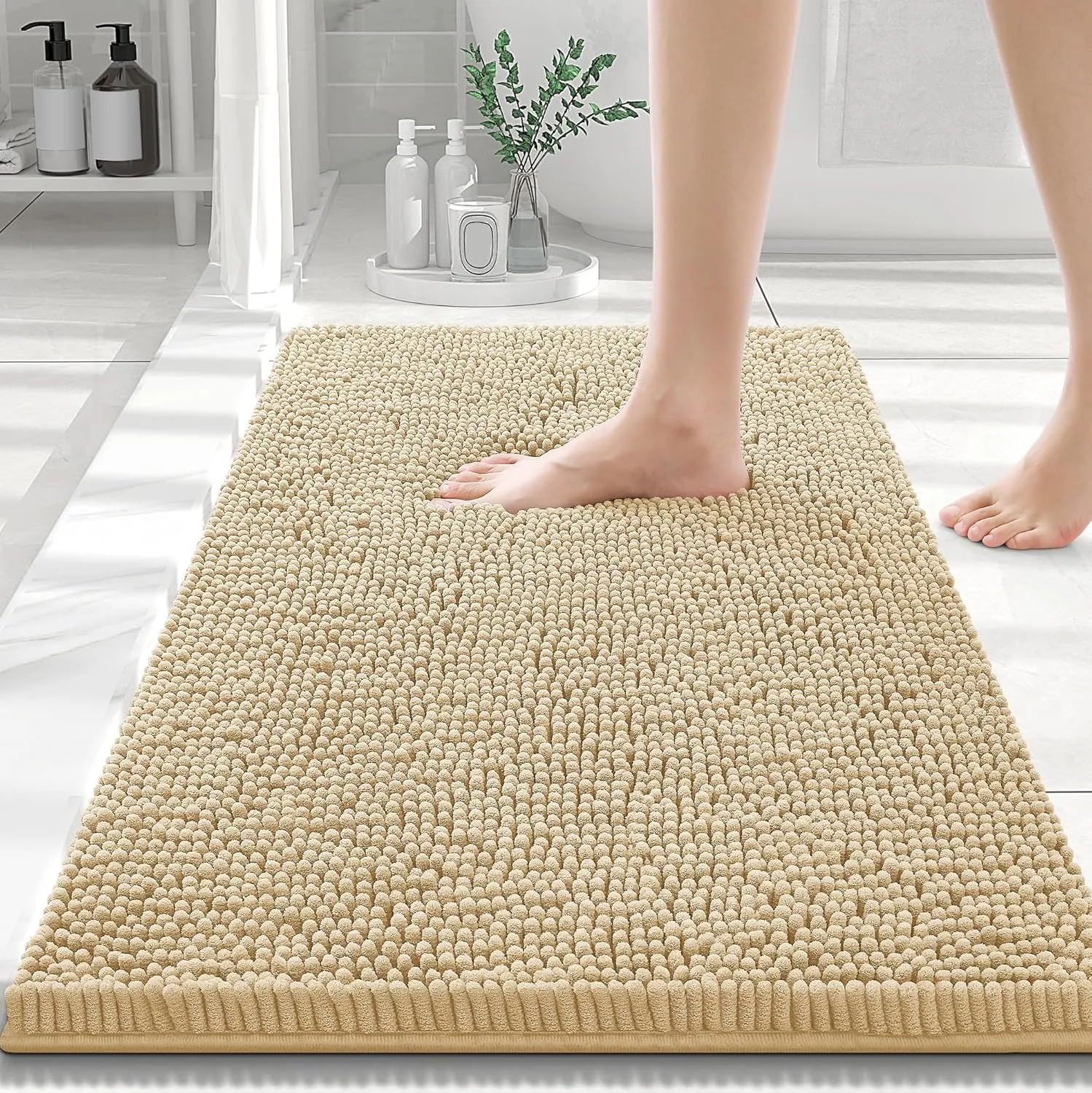 Smiry Luxury Chenille Bathroom Rugs 30x20, Extra Soft and Absorbent Shaggy Bath Mat, Machine Washable, Non-Slip Plush Carpet Runner for Tub, Shower, and Floor, Home Decor Accessories, Beige
