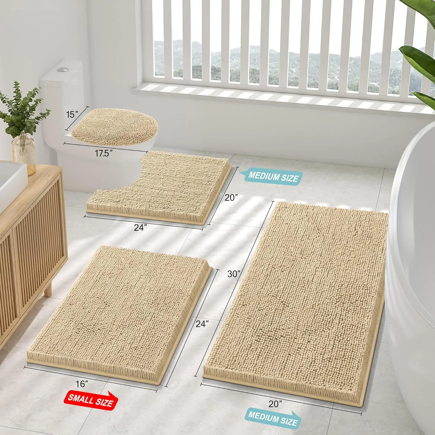 Smiry Luxury Chenille Bathroom Rugs 30x20, Extra Soft and Absorbent Shaggy Bath Mat, Machine Washable, Non-Slip Plush Carpet Runner for Tub, Shower, and Floor, Home Decor Accessories, Beige