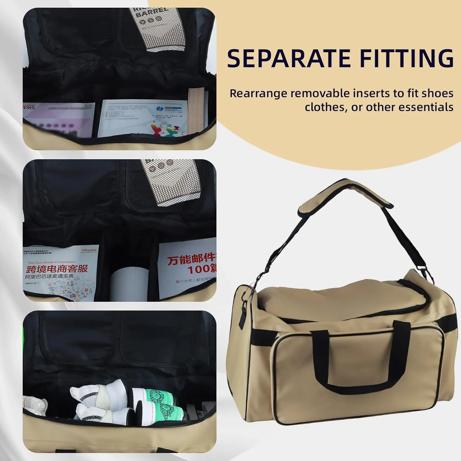 Sneaker Duffel Bag for Men - 30L Large Capacity Gym & Travel Bag with Adjustable Dividers, Durable Shoulder Strap - Carry-On 20 Inch (Khaki)
