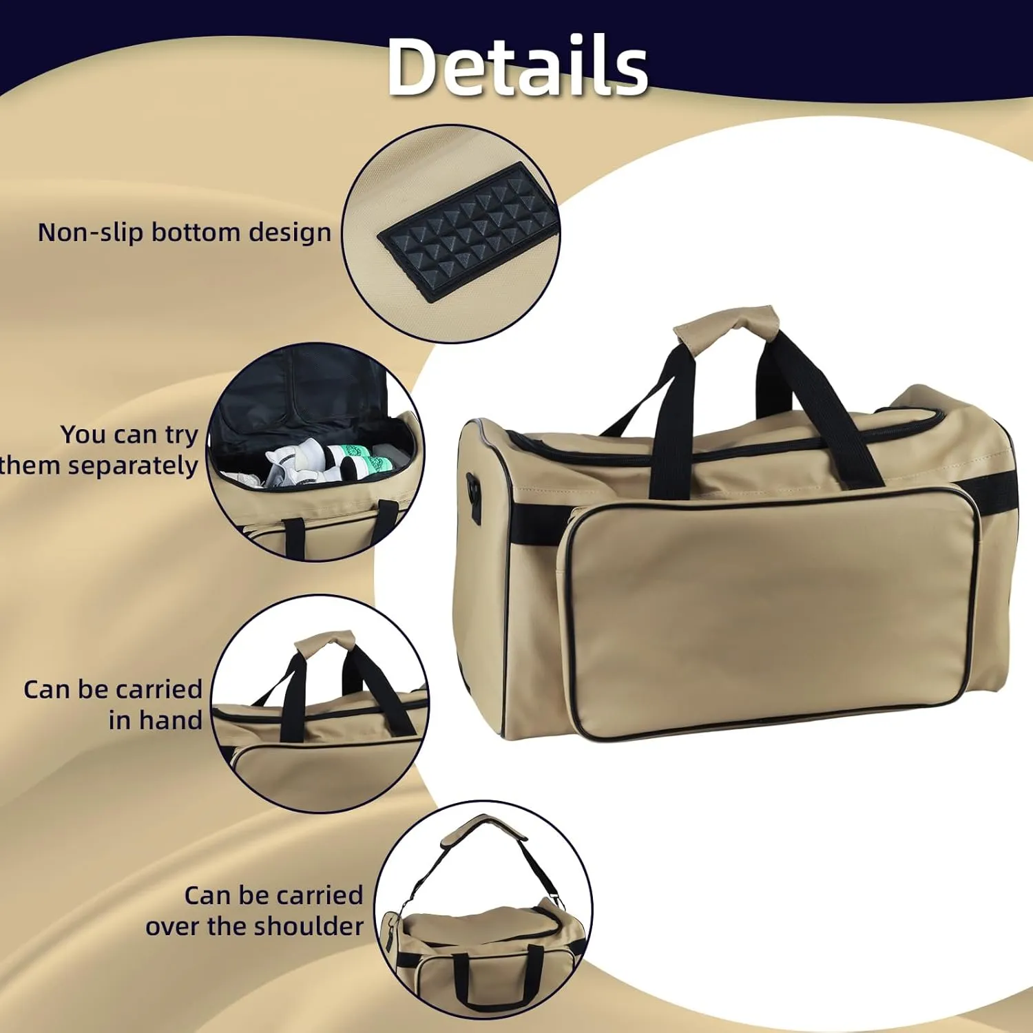 Sneaker Duffel Bag for Men - 30L Large Capacity Gym & Travel Bag with Adjustable Dividers, Durable Shoulder Strap - Carry-On 20 Inch (Khaki)