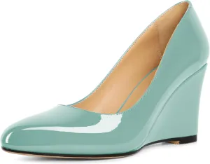 Soireelady Wedge Heel Pumps Round Closed Toe Slip On High Heel Wedges Comfortable Dress Shoes 3.5 Inches