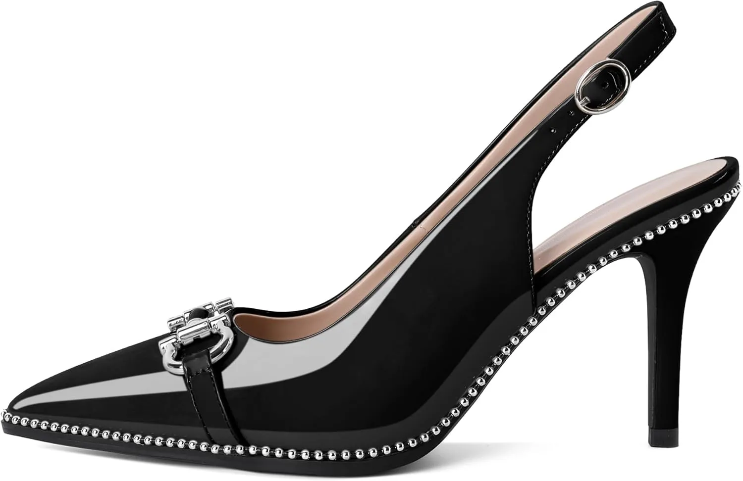 Soireelady Women Beaded Pumps High Heel Slingback Pointed Toe Slip On Stilettos Ankle Strap Adjustable Buckle 3.5 Inch Dress Shoes Patent Leather