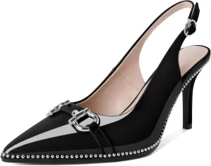 Soireelady Women Beaded Pumps High Heel Slingback Pointed Toe Slip On Stilettos Ankle Strap Adjustable Buckle 3.5 Inch Dress Shoes Patent Leather