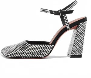 Square Closed Toe Satin Pumps Shoes for Women,Chunky High Heel Adjustable Buckle Block with Ankle Strap Heel Sandals Slip On Mary Janes Pumps Fashion Dress Office Evening Party Bride Wedding Shoes