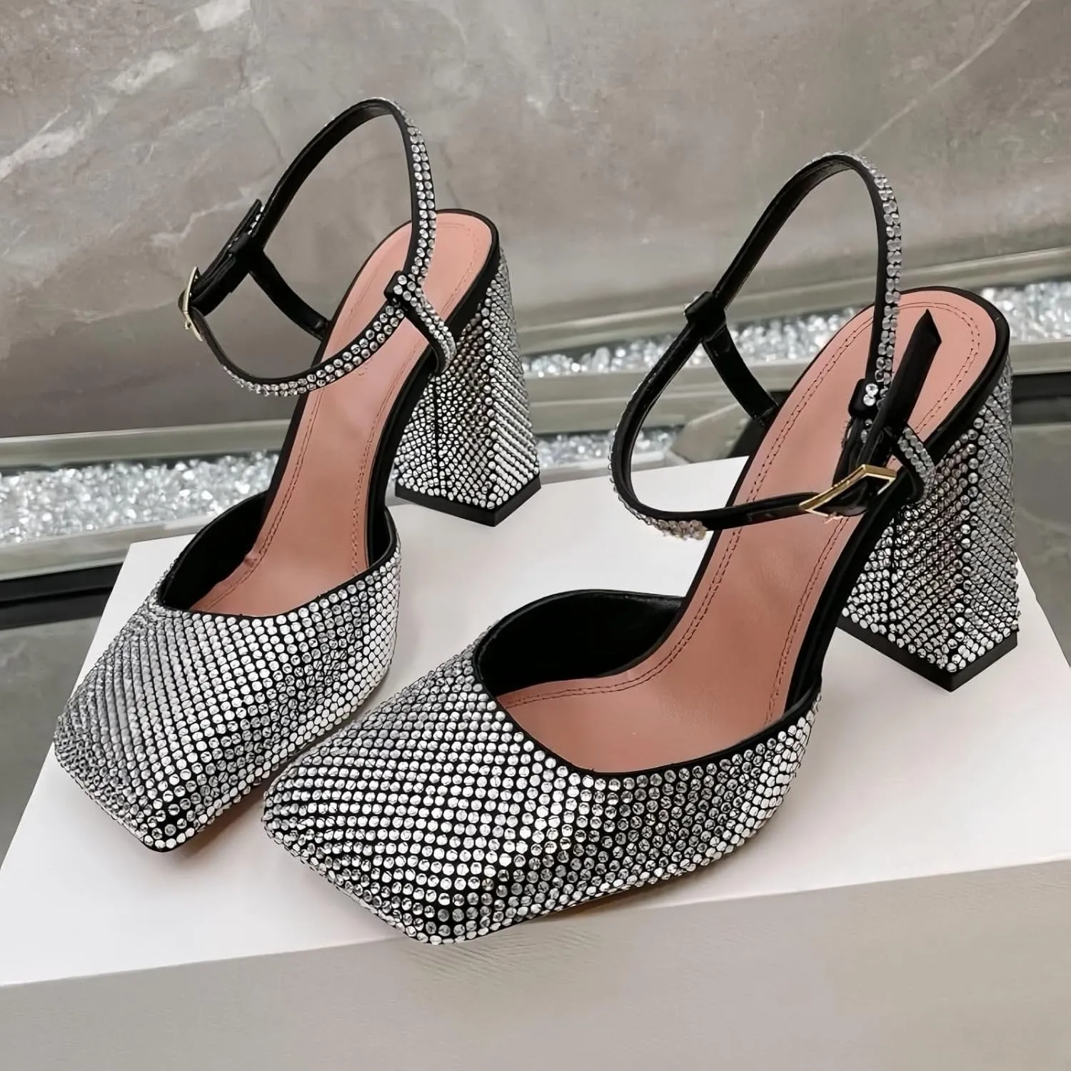 Square Closed Toe Satin Pumps Shoes for Women,Chunky High Heel Adjustable Buckle Block with Ankle Strap Heel Sandals Slip On Mary Janes Pumps Fashion Dress Office Evening Party Bride Wedding Shoes