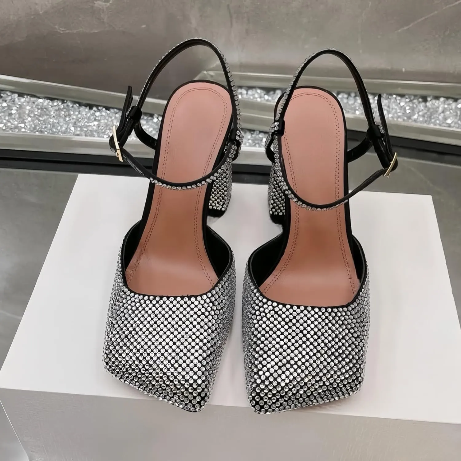 Square Closed Toe Satin Pumps Shoes for Women,Chunky High Heel Adjustable Buckle Block with Ankle Strap Heel Sandals Slip On Mary Janes Pumps Fashion Dress Office Evening Party Bride Wedding Shoes