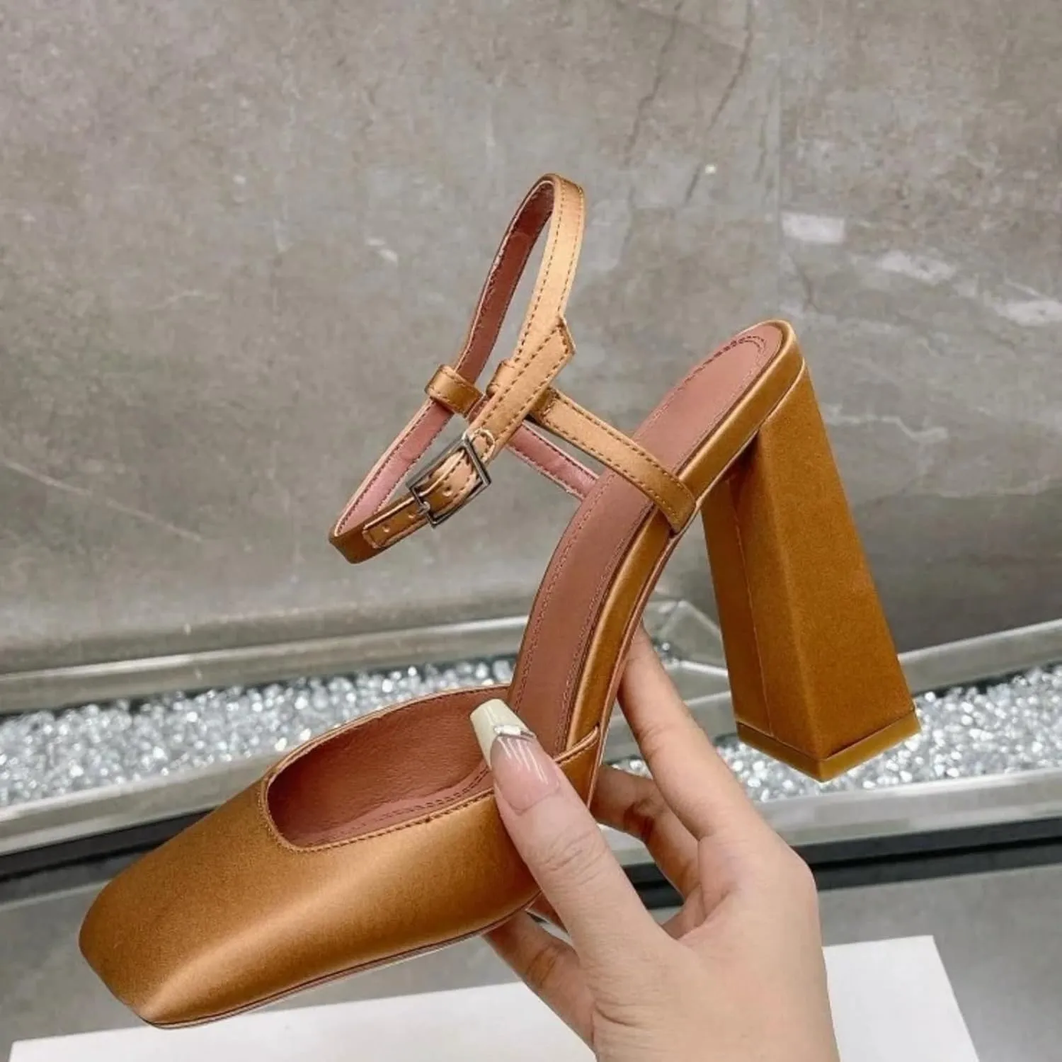 Square Closed Toe Satin Pumps Shoes for Women,Chunky High Heel Adjustable Buckle Block with Ankle Strap Heel Sandals Slip On Mary Janes Pumps Fashion Dress Office Evening Party Bride Wedding Shoes