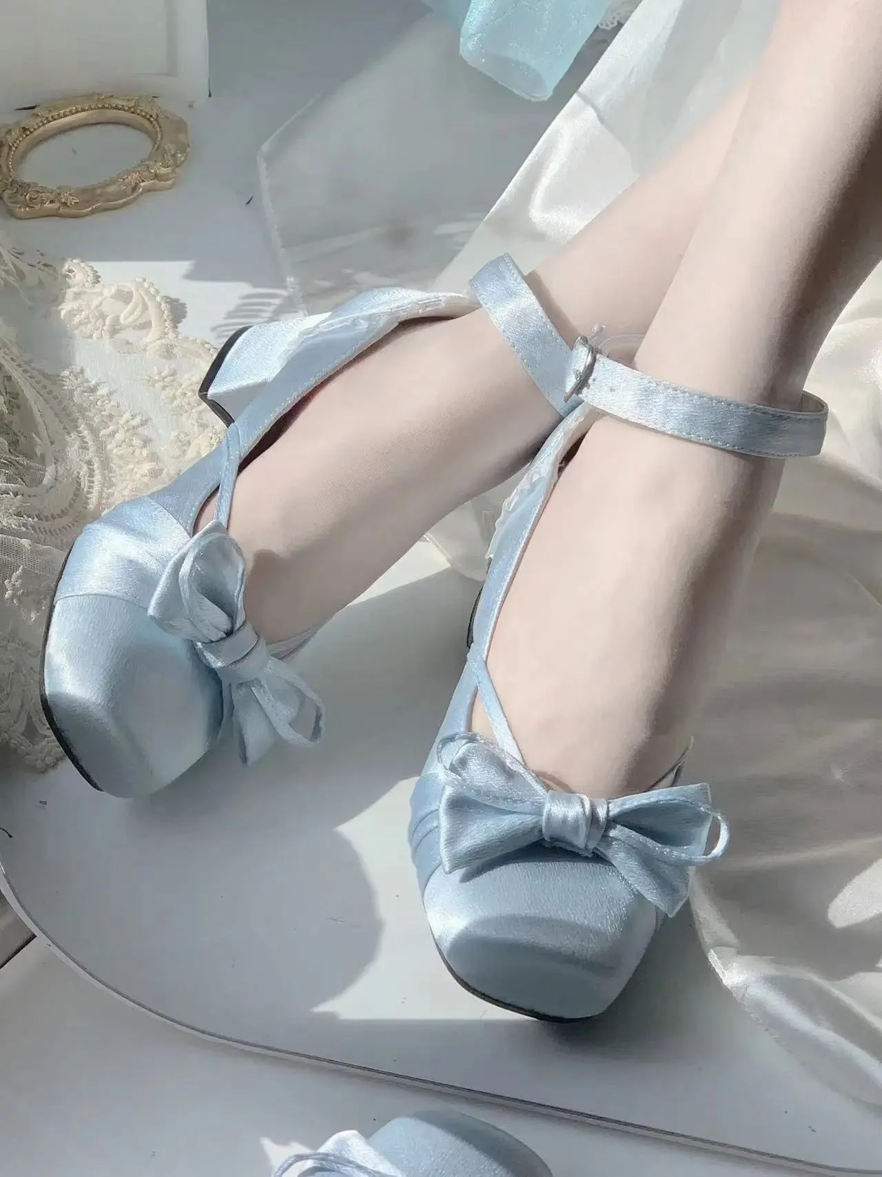Square Toe Low Heel Satin Mary Jane Shoes