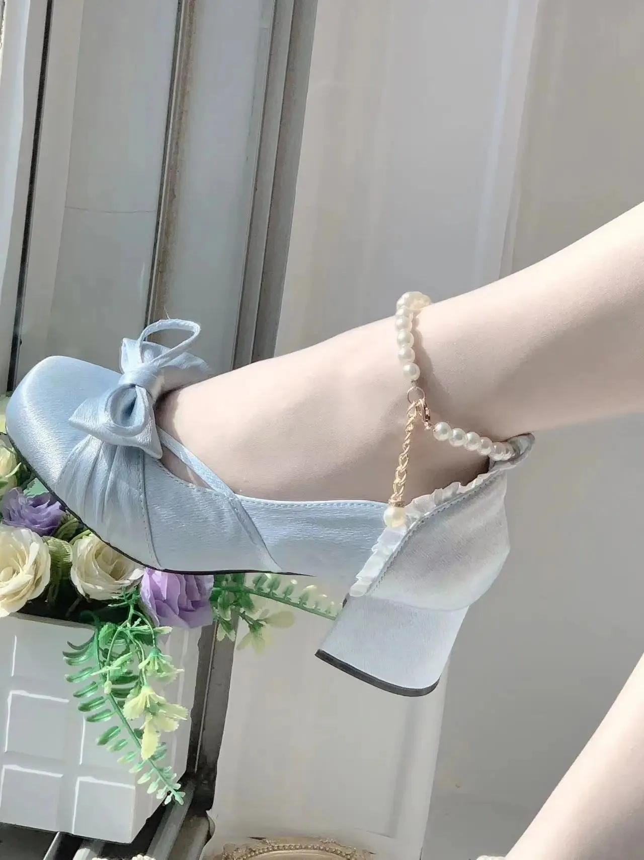 Square Toe Low Heel Satin Mary Jane Shoes