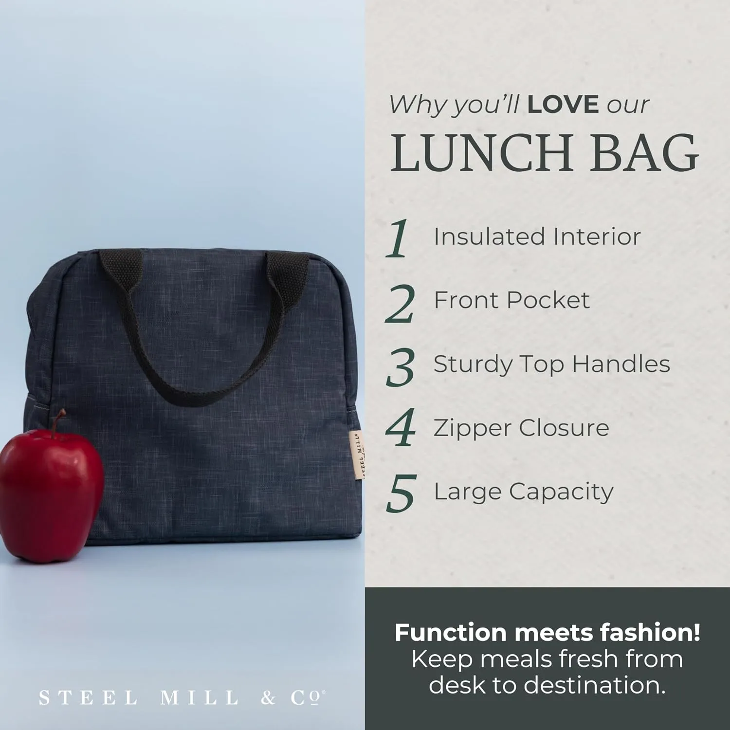 Steel Mill & Co Insulated Lunch Tote Bag for Women or Men, Large Capacity Cooler Lunch Box, Cute Lunch Bag for Adults, Mini Cooler with Zipper Closure, Pockets, and Sturdy Handles (Grey)