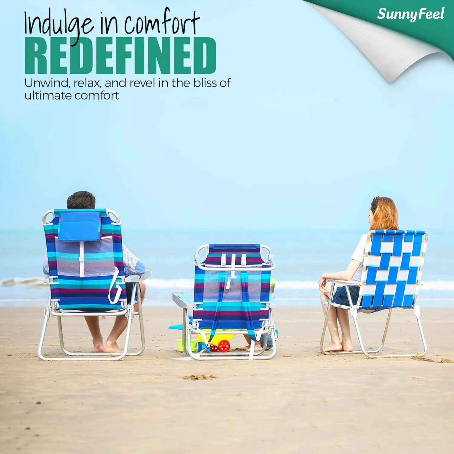 SUNNYFEEL Extra Wide 28" Low Beach Chair 5 Position Lay Flat, XL Oversized Portable Folding Camping Chairs with Cup Holder for Outdoor/Trip, Lightweight Foldable Backpack Beach Chair for Adults