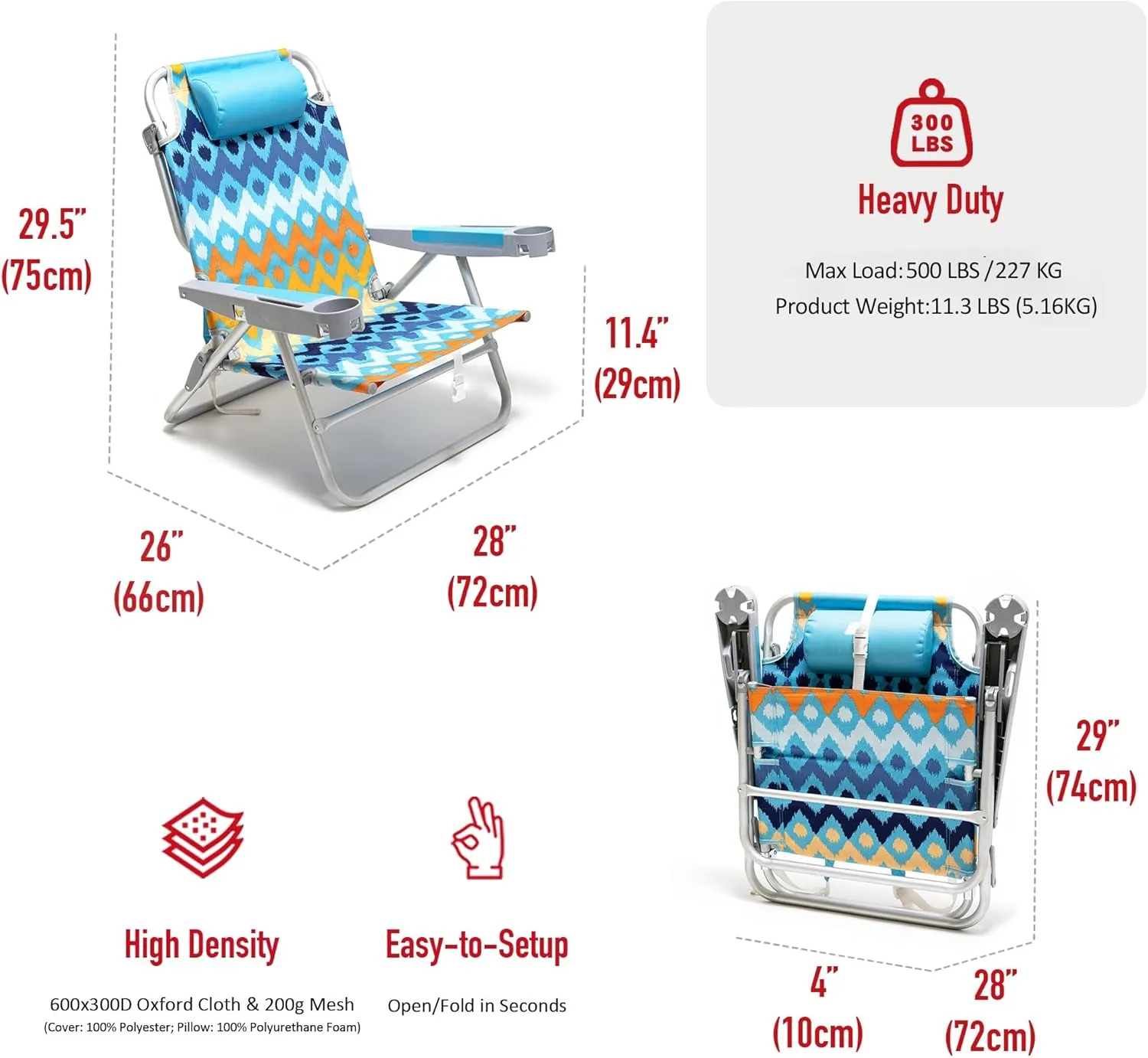 SUNNYFEEL Extra Wide 28" Low Beach Chair 5 Position Lay Flat, XL Oversized Portable Folding Camping Chairs with Cup Holder for Outdoor/Trip, Lightweight Foldable Backpack Beach Chair for Adults