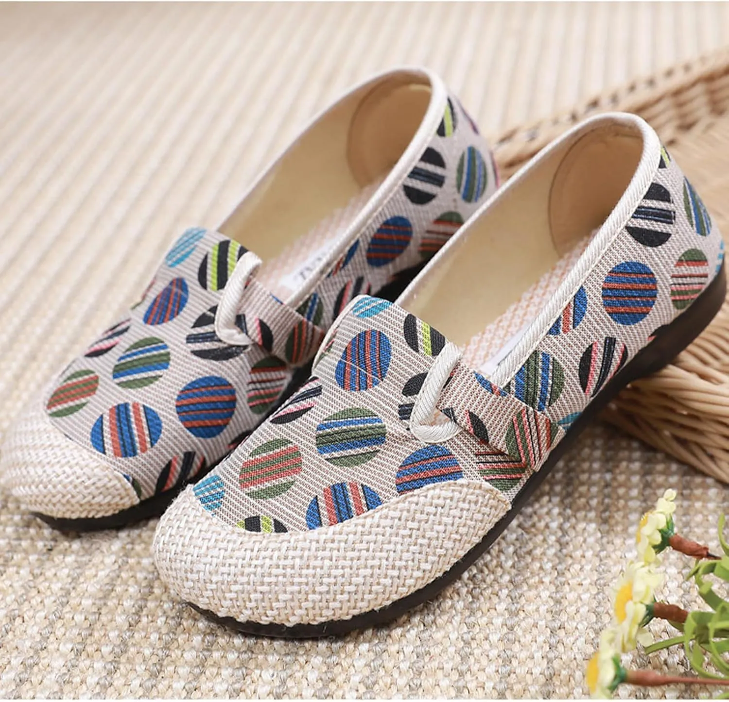 Sweet Women's Fashion Linen Shoes, Soft Breathable Flat Heel Casual Footwear, Slip On Flat Shoes