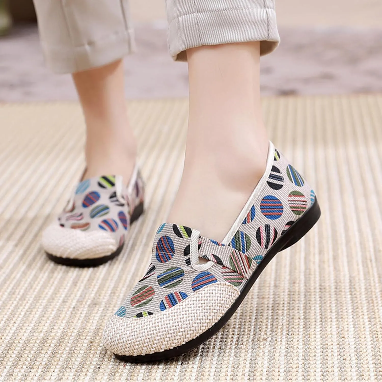 Sweet Women's Fashion Linen Shoes, Soft Breathable Flat Heel Casual Footwear, Slip On Flat Shoes