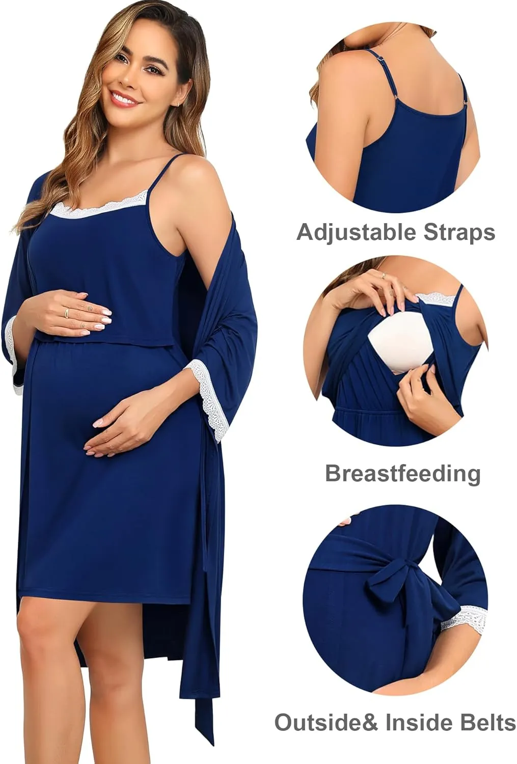 SWOMOG Lace Maternity Nursing Gown and Robe Set Double Layer Labor Delivery Nursing Hospital Nightgowns for Breastfeeding