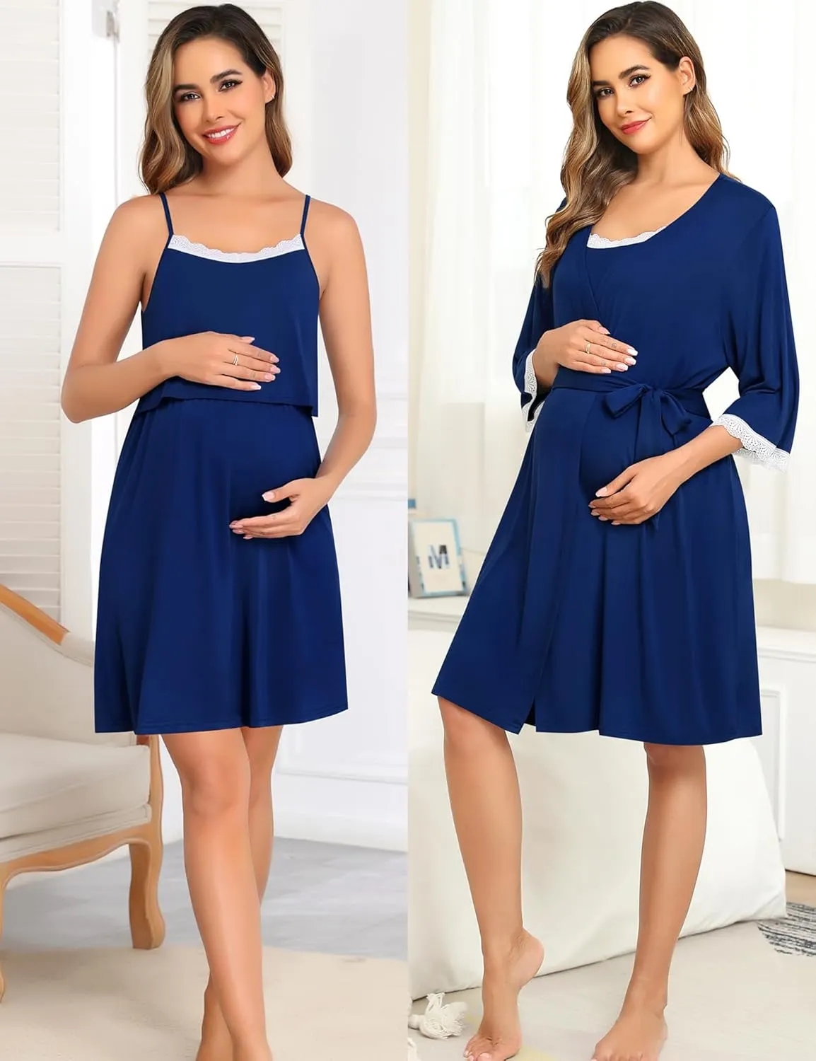 SWOMOG Lace Maternity Nursing Gown and Robe Set Double Layer Labor Delivery Nursing Hospital Nightgowns for Breastfeeding