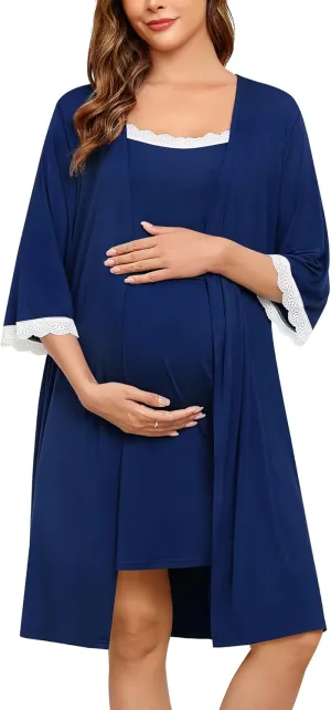 SWOMOG Lace Maternity Nursing Gown and Robe Set Double Layer Labor Delivery Nursing Hospital Nightgowns for Breastfeeding