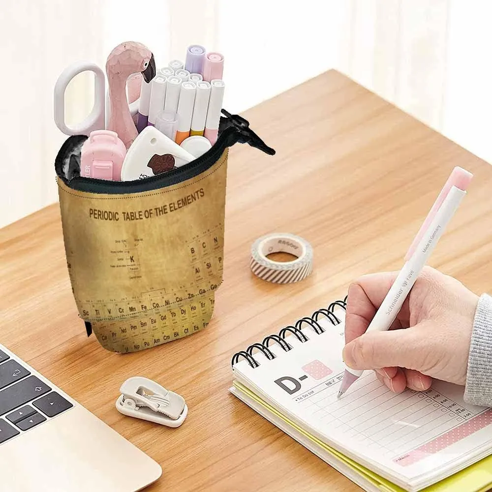 Swono Periodic Table Elements Pencil Case Retro Educational Atomic Number Symbol Weight Standing Pencil Case Pencil Pouch Pencil Holder Brown