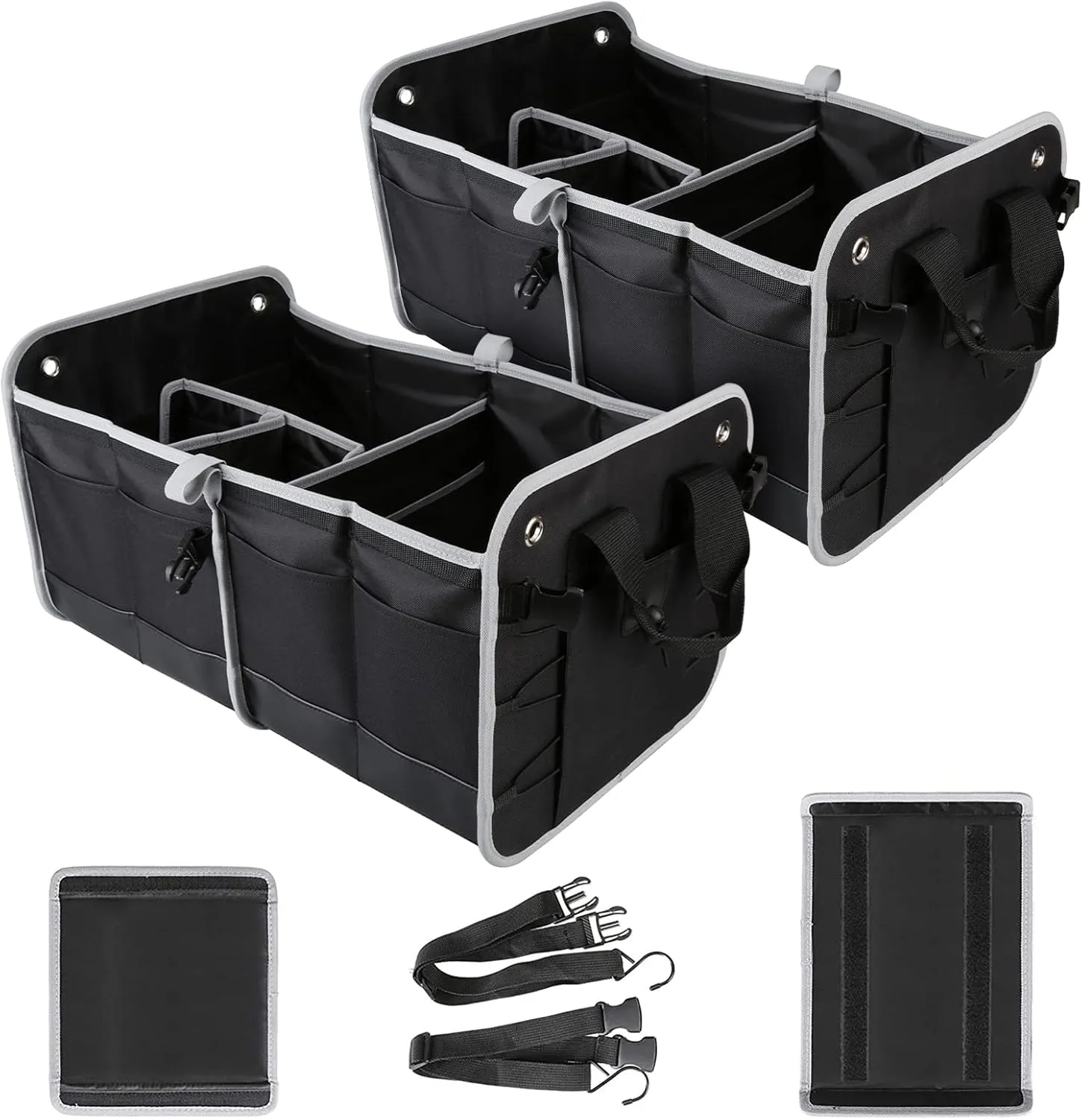 Tahoe Trails 23" Foldable Trunk Organizer for Car Storage, Reinforced Base Plates, Non Slip Bottom, Securing Straps, 11 External Pockets, 2 Pack, Black