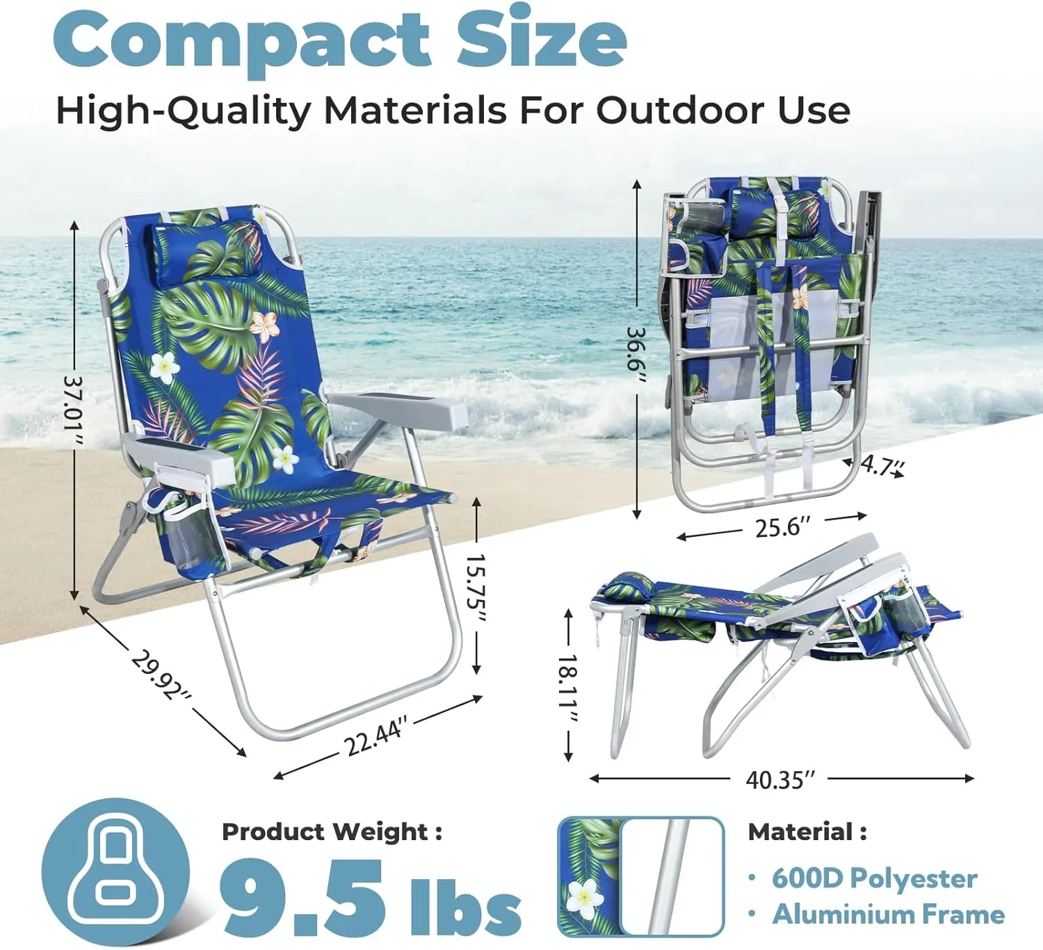 Tall Beach Chairs for Adults – 5-Position Reclining Backpack Chair with Large Insulated Cooler & Storage Pocket, Aluminum Frame, Portable for Travel & Outdoor, Supports 300lbs, Tropical Palm